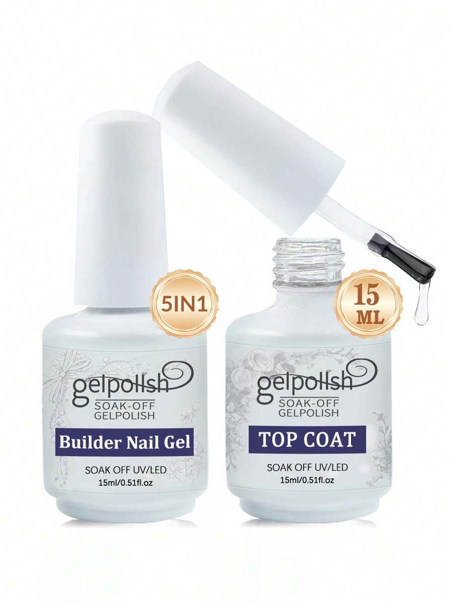 GELPOLISH 2pcs 15ml No-Wipe Top Coat Gel & 5-In-1 Nail Extension Gel Set, Long-Lasting Glossy Finish, Removable With LED Nail Lamp, Gift For Women, Suitable For Home DIY And Nail Salon Use - 無色 - 查看 1