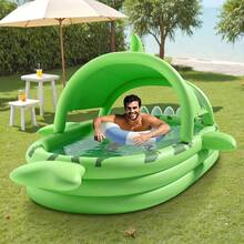 Giant Shark-Themed Inflatable Swimming Pool For Family Fun - PVC, Easy Storage, Perfect For Outdoor Parties, Summer Water Games, And Backyard Entertainment, Green With White Light Beige & Yellow Eyes Design - Multicolor - View 7