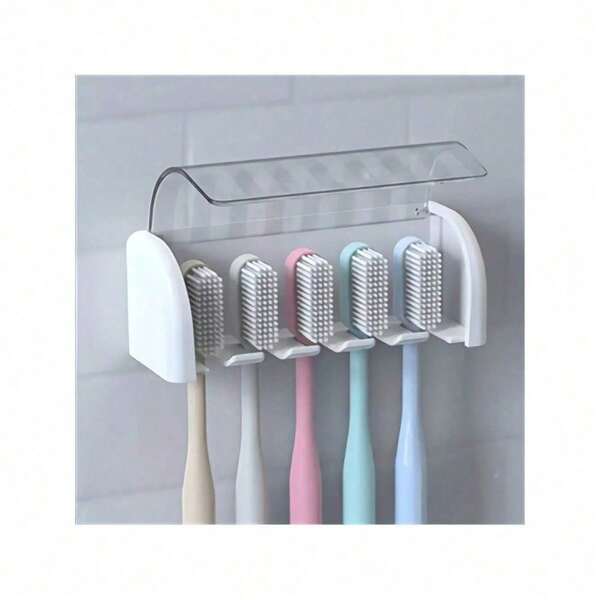 Porte-brosse à dents 5 emplacements avec couvercle, accessoire de salle de bain en plastique avec support adhésif mural pour dortoir et douche, peut contenir jusqu'à 5 brosses à dents, sans électricité requise