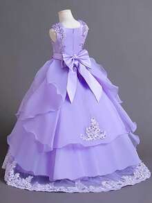 Flower Girl Dress Princess Puffy Tulle Dresses Bridesmaid Wedding Birthday Party Pageant Maxi Prom Gown For Kids - Màu tím hoa cà - Xem 5