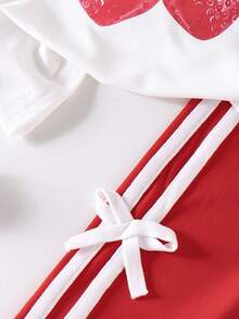 2pcs Girl Sporty Cute Strawberry Print T-Shirt + Bow Decor Long Pants Set, Summer Outfit - Red - View 6