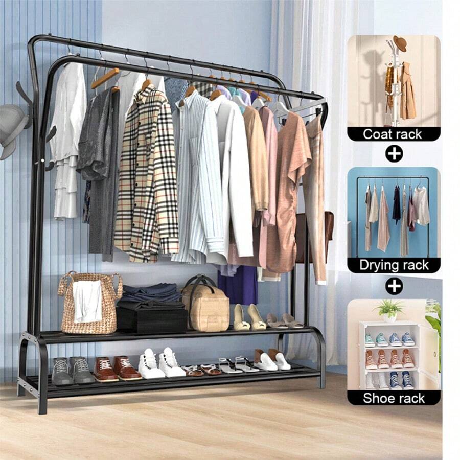 Metal Clothes Rail, Double Clothing Rail, Heavy Duty Clothes Rack, 2-Tier Shoe Rack, Free Standing Rails To Hang Clothes For Bedroom-Black/White - Black - View 1