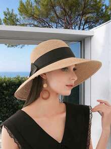 1 Fashionable Women's Wide Brimmed Bow Sun Hat, Foldable Beach Hat, Suitable For Outdoor Travel And Beach Play, Lightweight And Breathable - Khaki - View 12