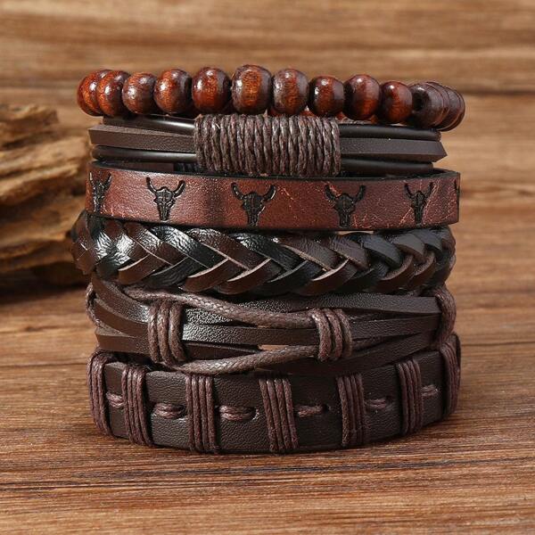 6pcs Western Style Cow Head PU Leather Embossed Men's Bracelet Multi-Layer DIY Braided Beaded PU Leather Bracelet