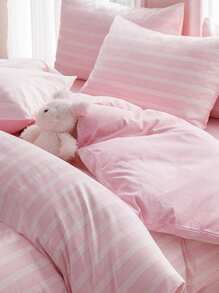 2/3件套条纹粉色床上用品套装，男女皆宜，学生宿舍理想之选，超级柔软，可爱清新，适合春夏学生使用，水洗磨毛被套和枕套套装，床上用品，不含被芯，提供双人床、大号床、特大号床尺寸，可用于房间装饰 - 粉色 - 查看 5