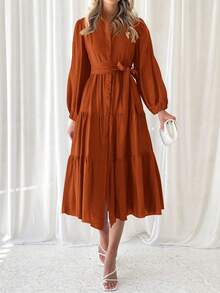 Women's Dresses Long Sleeve Dresses Casual V Neck Tie Button Down Flutter Tie Waist Shirt Dresses - 銹紅色 - 查看 1