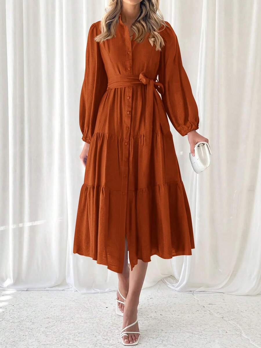 Women's Dresses Long Sleeve Dresses Casual V Neck Tie Button Down Flutter Tie Waist Shirt Dresses - 銹紅色 - 查看 1