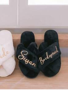 Customized Fluffy Bridal Slippers, Fluffy Cross Slippers, Bridesmaid Slippers, Bachelorette Party Gifts, Personalized Bride Slippers, Fluffy Slippers - Black - View 1