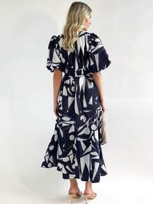 Vestido Largo De Flores,Vestido Largo Casual Mujer,Vestido de mujer con estampado floral, cuello en V cruzado y cintura anudada,Elegante y versátil, apropiado para vacaciones, exposiciones de arte, trayectos, casual, fiestas, playa, picnics al aire libre - Negro - Ver 2