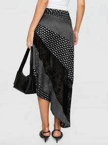 Women's Y2K Lace Patchwork Flowy Midi Skirt Vintage Low Waist Floral/Dots Print Asymmetrical Hem Flowy Long Skirts Summer Fall Beach Vacation Lightweight Aesthetic Skirt - 黑色 - 查看 4