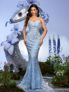 LUVISTRUE 仙女气质珍珠装饰礼服女式亮片晚礼服适合毕业季舞会、生日派对、联欢晚会、鸡尾酒会、音乐会、颁奖典礼单肩及地长裙