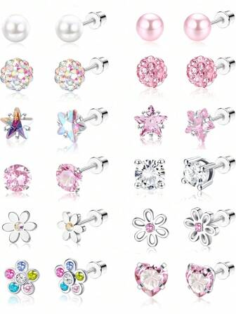 IRONBOX 1Pair Hypoallergenic Screw Back Earrings For Women Girls Surgical Steel Cute Heart CZ Flower Pearl Ball Tiny Screwback Stud Earring