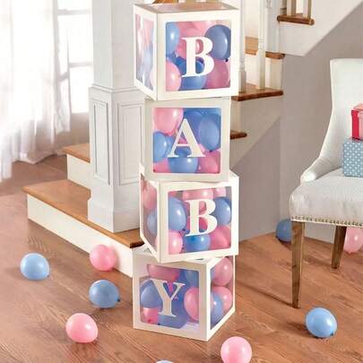 Set de 8 piezas, Caja de regalo de 25 cm con decoración de letras, Adecuado para baby shower, fiesta de revelación de género, caja de globo transparente, decoración de fiesta para niño/niña recién nacido, caja de regalo para decoración de fiesta de baby shower, perfecta para fiesta de cumpleaños, baby shower, fiesta de revelación de género, accesorios de fotografía de baby shower, regalos de baby shower, sin globos incluidos