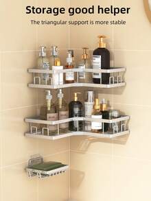 4pcs Rustproof Shower Corner Caddy With Hooks, Wall Mounted Adhesive Shower Organizer Shelf, Bathroom Storage Rack,Wall Mounted Floating Shelves - Silver - View 3