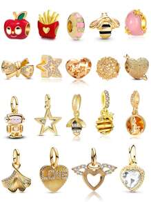 1 peça de pulseira original com pingente de contas, coleção de cores douradas, maçã, batatas fritas, abelha, flor, folhas, asas de amor, laço, estrela e pingente de contas rosa para pulseiras, joias femininas faça você mesmo