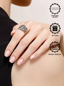 S925 Sterling Silver Boho Style Blackened Thorned Rose Floral Wide Band Vintage Goth Ring, Suitable For Men & Women Daily Wear, Wedding Engagement, Halloween, Valentine's Day, Mother's Day, Music Festival Gift, With Gift Box