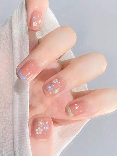 24片/盒 可爱粉彩卡通花朵短款美甲贴纸，包含1瓶果冻胶和1个指甲锉，适合女性和女孩使用