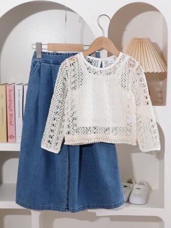 3 件套年轻女孩时尚杏色孔眼花卉长袖吊带背心和休闲阔腿裤套装，适合日常、海滩、户外、摄影、野餐、学校