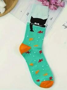 1 par de calcetines casuales y coloridos con estampado de gato lindo