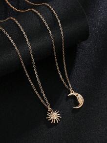 2 pièces/set Collier pendentif rétro européen lune, soleil et visage, design à la mode pour les femmes et les couples, accessoire quotidien idéal et choix de cadeau