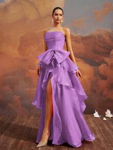 VIPGIRL Elegant Purple Strapless Bow-Tiered High Slit Gown, Floor-Length Formal Evening Dress, Women's Prom Dress, Chic Cocktail Party Dress, Glamorous Banquet Gown, Women Formal & Evening Dresses,Princess Style Bridesmaid Dress,Wedding Guest Dress