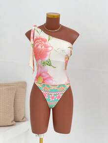 Women's Printed Macaw Bodysuit Summer  One-Shoulder Top With Single Strap - Green Summer Garden - View 1