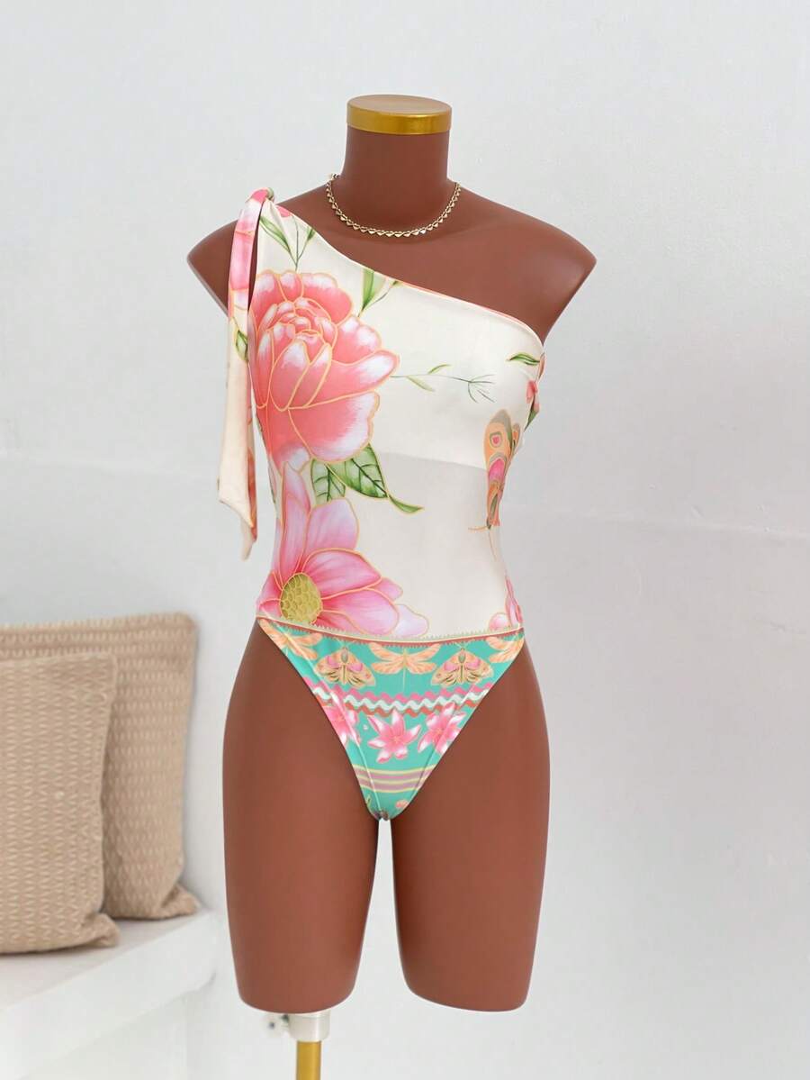 Women's Printed Macaw Bodysuit Summer One-Shoulder Top With Single Strap - Green Summer Garden - View 1