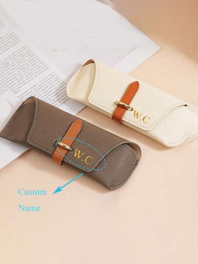 [Customized]Personalized Customized Name Litchi Pattern Faux Leather Eyeglasses Case, Portable Glasses Pouch, Anti-Pressure Lens Holder For Various Eyewear, Fashion Accessory For Women
