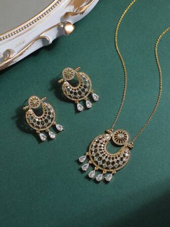 3pcs Fashion Necklace, Earrings Jewelry Set, Copper Alloy Inlaid Zirconia, Women Daily, Party, Gift, Suits For Girlfriend