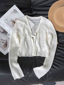 Tie-Up Cardigan Sheer Hollow-Out Long Sleeve Knit Cropped Top For Women