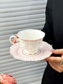 1pc Luxury Polka Dot Coffee Cup And Saucer Set, Classic Striped Polka Dot English Afternoon Tea Cup And Saucer, Ceramic Material, High-Temperature Painting Craft, Nordic Style, Minimalist, Creative, Mug/Coffee Cup/Afternoon Tea Cup - Multicolor - View 14
