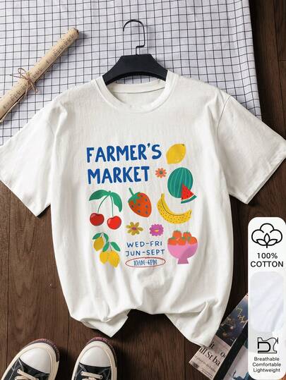 Camiseta de manga corta de algodón 100% con estampado de mercado de agricultores para mujer, uso casual de verano, camiseta blanca, regalo del Año Nuevo Chino, Día de San Valentín