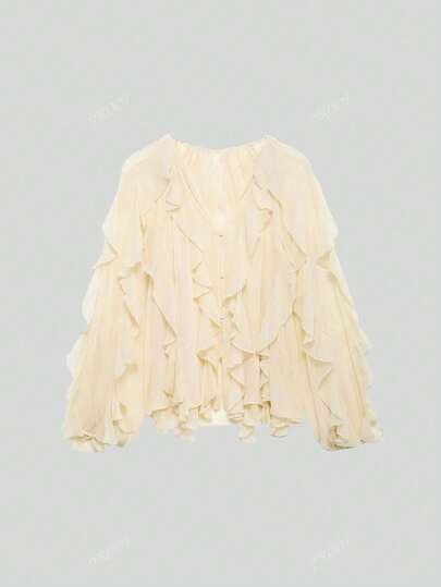Women's Fashion V-Neck Ruffled Trim Long Sleeve Casual Blouse, Elegant & Graceful Style, Suitable For Spring & Autumn