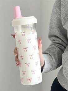 1pc Cute Pink Bow Water Bottle, Reusable With Lid And Straw Cup, Travel And Outdoor Cup, Gym And Sports Bottle, Flat Bottomed Cup, Car Cup, Holiday Gift