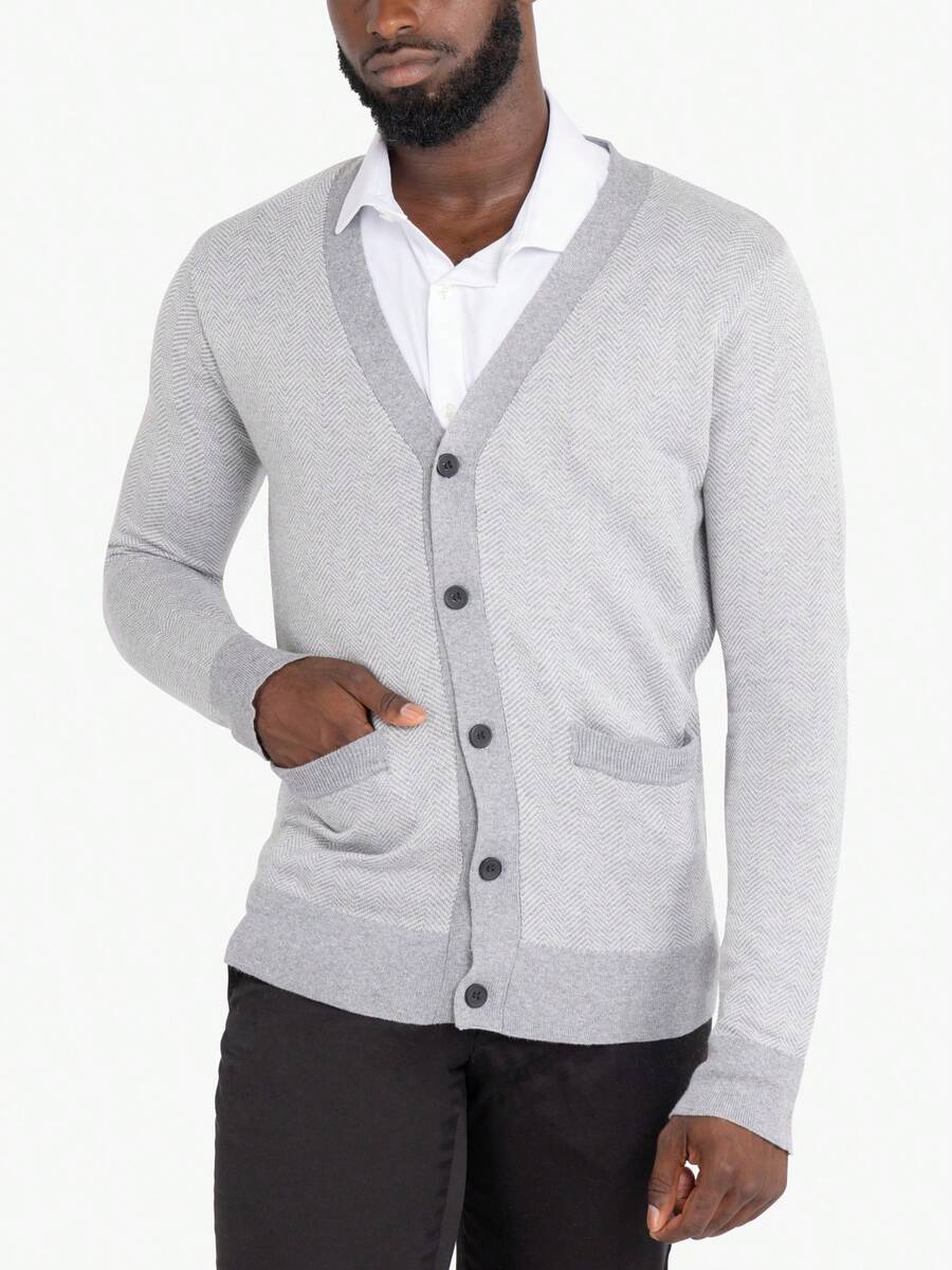 Men's Herringbone Cardigan Sweater - Off Wht/H Grey - View 1