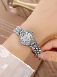 6 pièces/set Montre à quartz élégante pour femmes avec bracelet, boucles d'oreilles, collier et bague assortis aux multiples diamants et motif d'écailles romaines. Convient pour une utilisation quotidienne.