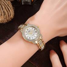 1 pieza Reloj pulsera con diamantes de cuarzo, brillante, elegante, para mujer, en color oro/plata para fiesta