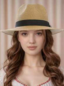 1 pièce Chapeau de paille panama à large bord unisexe, chapeau de plage, chapeau de soleil, chapeau habillé, chapeau fedora