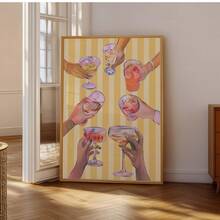 1pc "Cheers" Cocktail Art Clinking Glasses Pattern, Rainbow Drinks, Yellow & White Striped Background, Frameless Poster, Single Party Decor & Dorm Gift (Back To School Wall Art) - Multicolor - View 2