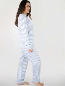 Women's Long American Cotton Pajamas With Button For Winter And Cold Weather, Adults Recommended For Pregnant Women, Breastfeeding And Post-Surgery - Blue Striped - 藍色 - 查看 6
