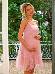 Joyfunear Vestido casual de maternidad de unicolor y minimalista con tirantes de malla - Rosa - Ver 5