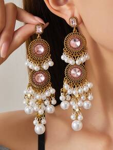 1 对夸张仿珍珠流苏耳环，南亚风格优雅女士耳环，时尚日常佩戴、派对和礼物 - 優雅女式誇張耳環 - 查看 3
