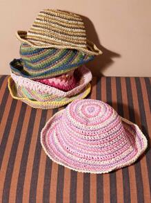 Joivida 1pc Rainbow Striped Hat, Women Vacation Outdoor Straw Woven Bucket Hat With Wide Brim, Small Head Size Style , Holiday Vacation Use, Summer Beach Vacation, Travel Essentials, Garden Use, Lightweight Spring/ Summer Supplies