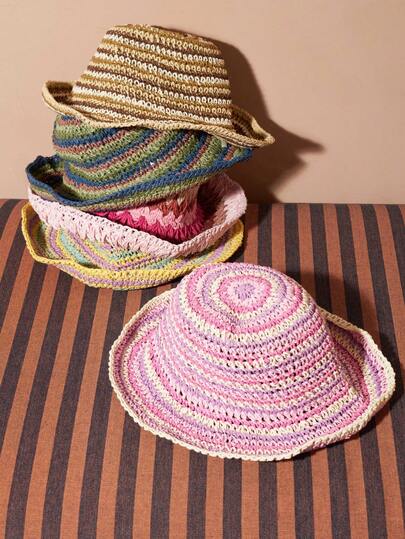 Joivida 1 st regnbågsrandig hatt, kvinnor semester utomhus stråvävd hinkhatt med brett brätte, liten huvudstorlek, semester semester användning, sommar strandsemester, resetillbehör, trädgårdsanvändning, lätta vår-/sommartillbehör