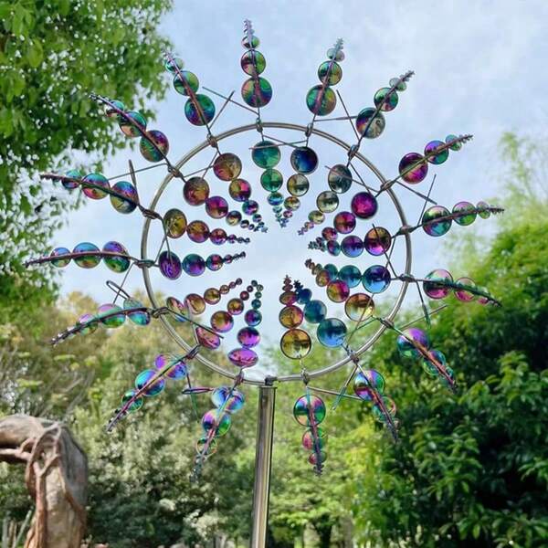 Colorful Stainless Steel Outdoor Decorative Metal Windmill, Creative Garden Decor Rotating Spinner, Non-Electric