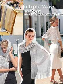 1pc Women Silver Shawl, Suitable For Evening Dresses, Wedding, Party Fall Clothes For Women - Multicolor - View 10