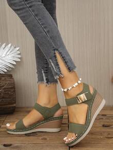 Women's New Retro Wedge Thick Bottom Sandals - Olive Green - View 4