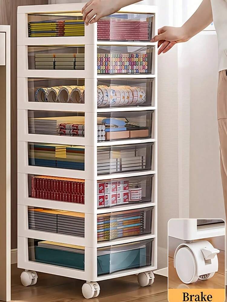 1 pieza Carrito de almacenamiento móvil de 5 o 6 capas de gran capacidad con cajones, gabinete de almacenamiento de oficina con ruedas universales y frenos, estantería de almacenamiento móvil conveniente cuya Top se puede guardar, gabinete de almacenamiento móvil multifuncional, adecuado para la oficina, el estudio, el dormitorio y la habitación, manualidades, accesorios, artículos de papelería, organización y almacenamiento de suministros de oficina - Multicolor - Añade 9