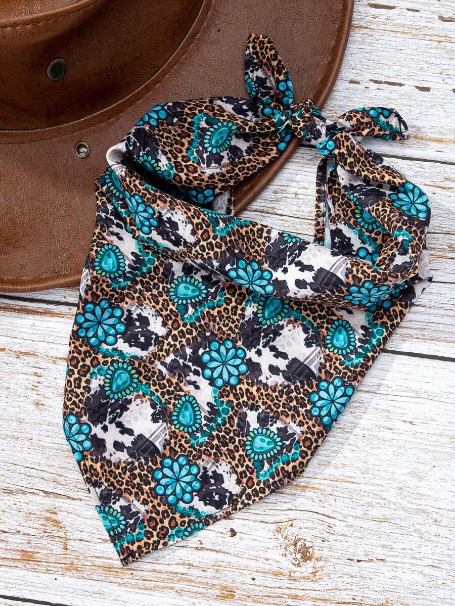 1 Pc Western Style Women Leopard & Cow Print Turquoise Floral Hair Accessories Headband, Gift For Mother, Wife, Girlfriend, Birthdays, Mother Day For Dress - Turquoise Leopard - View 1