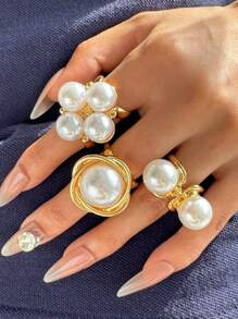 Conjunto de 3 anéis elegantes, vintage, brilhantes, exclusivos, de luxo, com pérolas douradas, versáteis para o dia a dia, festas, deslocamentos, feriados, joias finas para mulheres